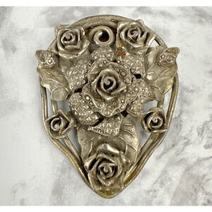 Antique Art Deco Dress Fur Scarf Clip Rose Floral Art Nouveau Vintage Jewelry